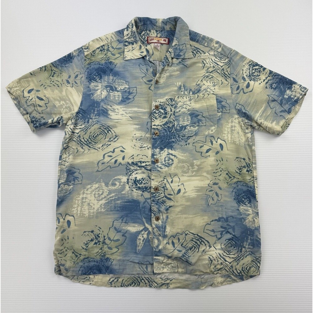 Caribbean Joe Hawaiian Shirt Mens M Blue Beige Floral Rayon Aloha Camp